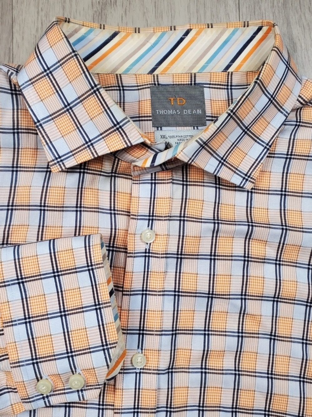 Thomas Dean Plaid Button Down Shirt Mens XXL Orange Blue Cotton Classic Fit 2xl